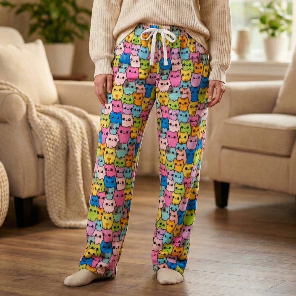 SILK & LACE Fleece Cat Themed Womens Pajama Pants: Cozy Lounge Bottoms